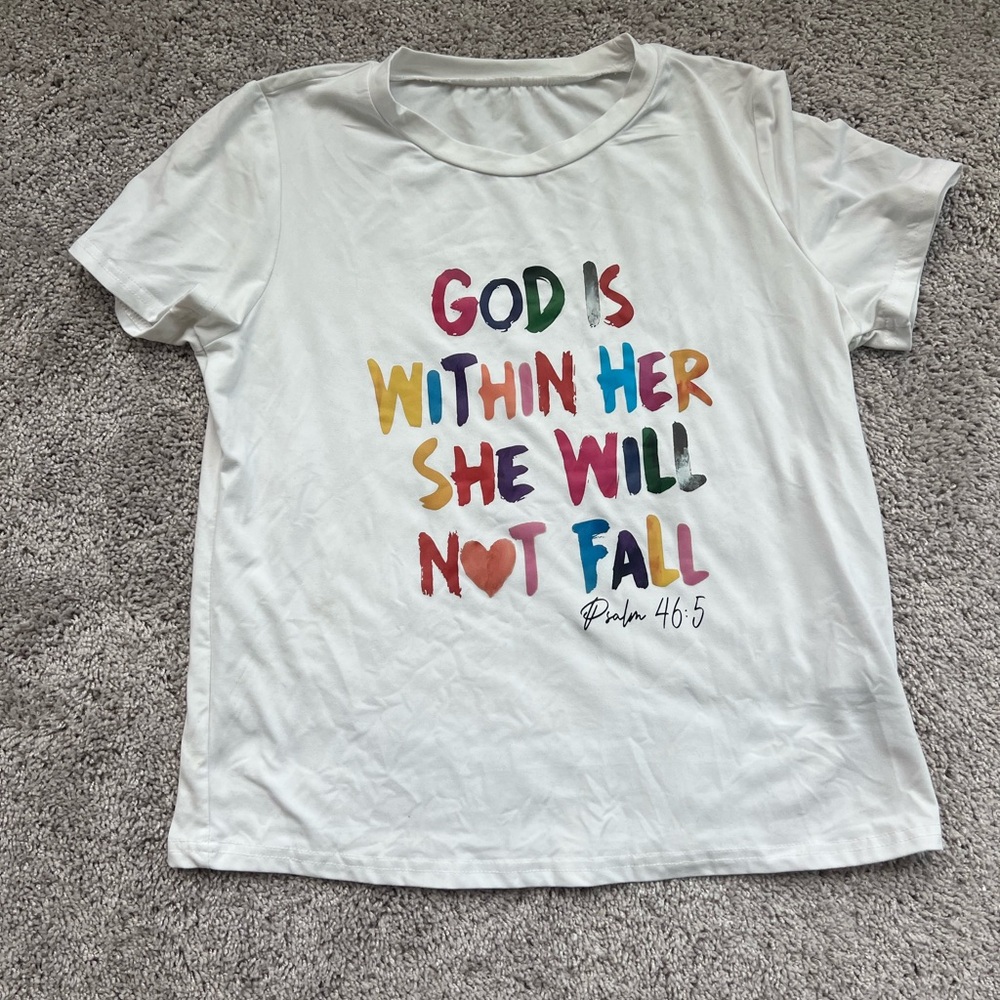 White Graphic T-Shirt with Multicolor Text